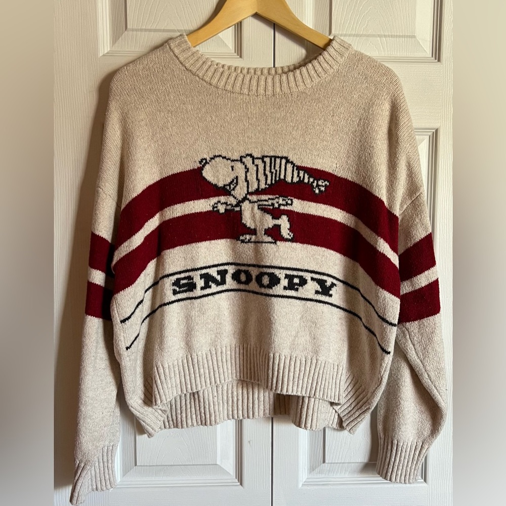 Peanuts X American Eagle Colab Cream and Burgundy Stripe Sweater